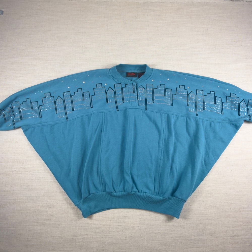 Vintage Pasta Teal Blue City Skyline Rhinestone Batwing Sweatshirt Womens Med